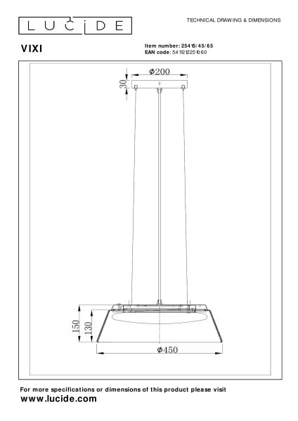 Lucide VIXI - Hanglamp - Ø 45 cm - LED - 1x22,6W 2900K - Fumé - technisch